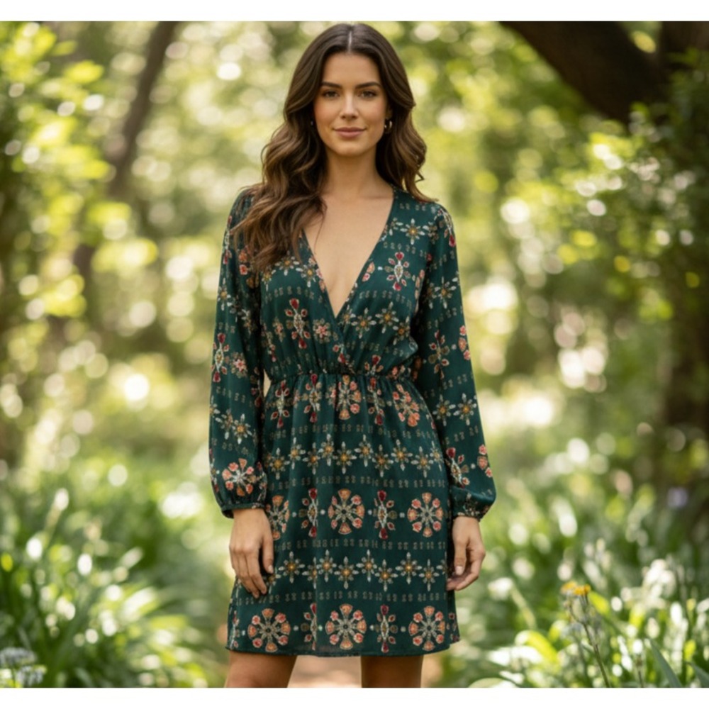 My Beloved Midi Dress Women's Large Forest Green Floral Pattern‎ Long Sleeve